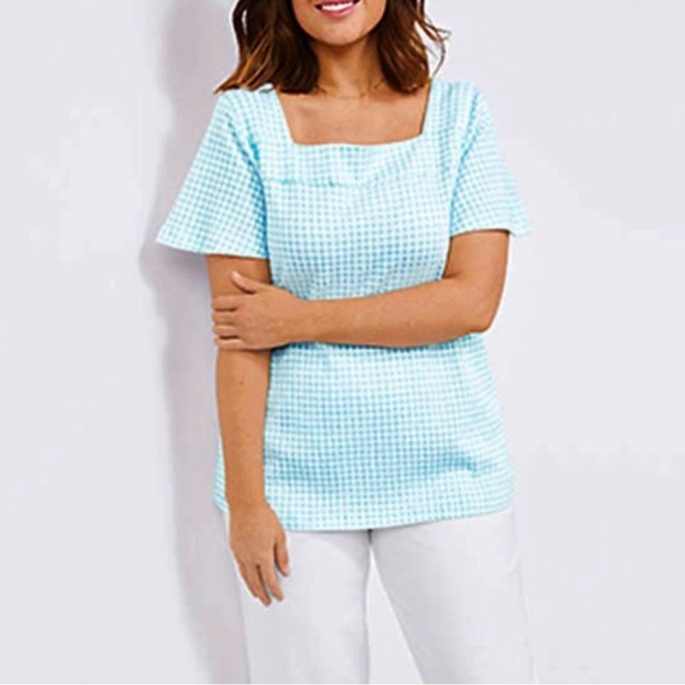 Lands’ End square neck crinkle gingham flounce sleeve top